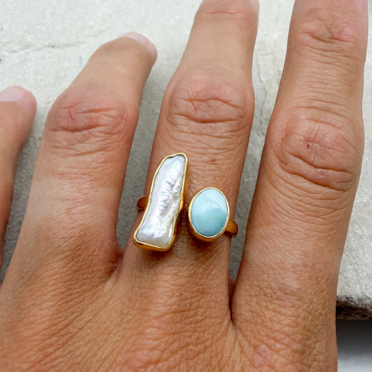 Athena Ring - Pearl + Larimar