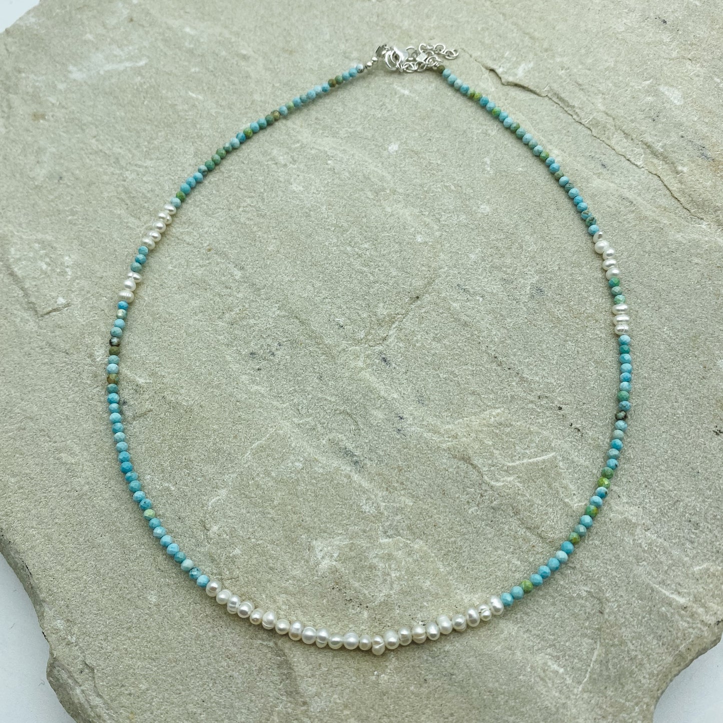 Blue turquoise + Freshwater Pearl beaded necklace