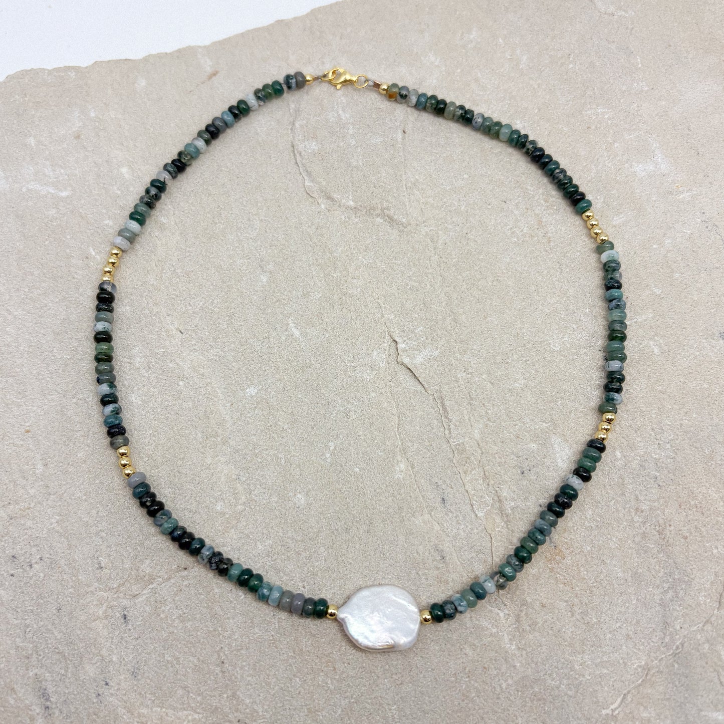 Genesis necklace - Moss Agate + Freshwater Pearl