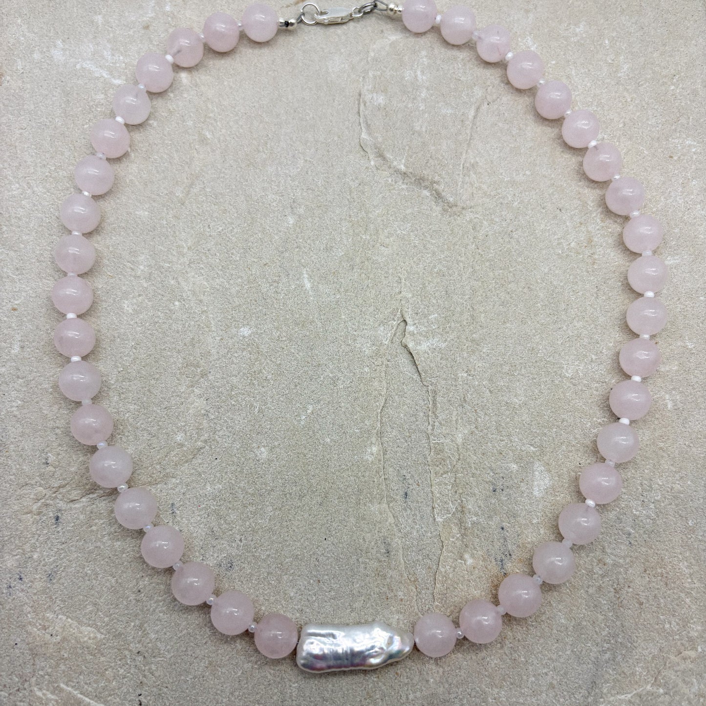 Lovers lane necklace - Rose Quartz + Fresh Water Pearl