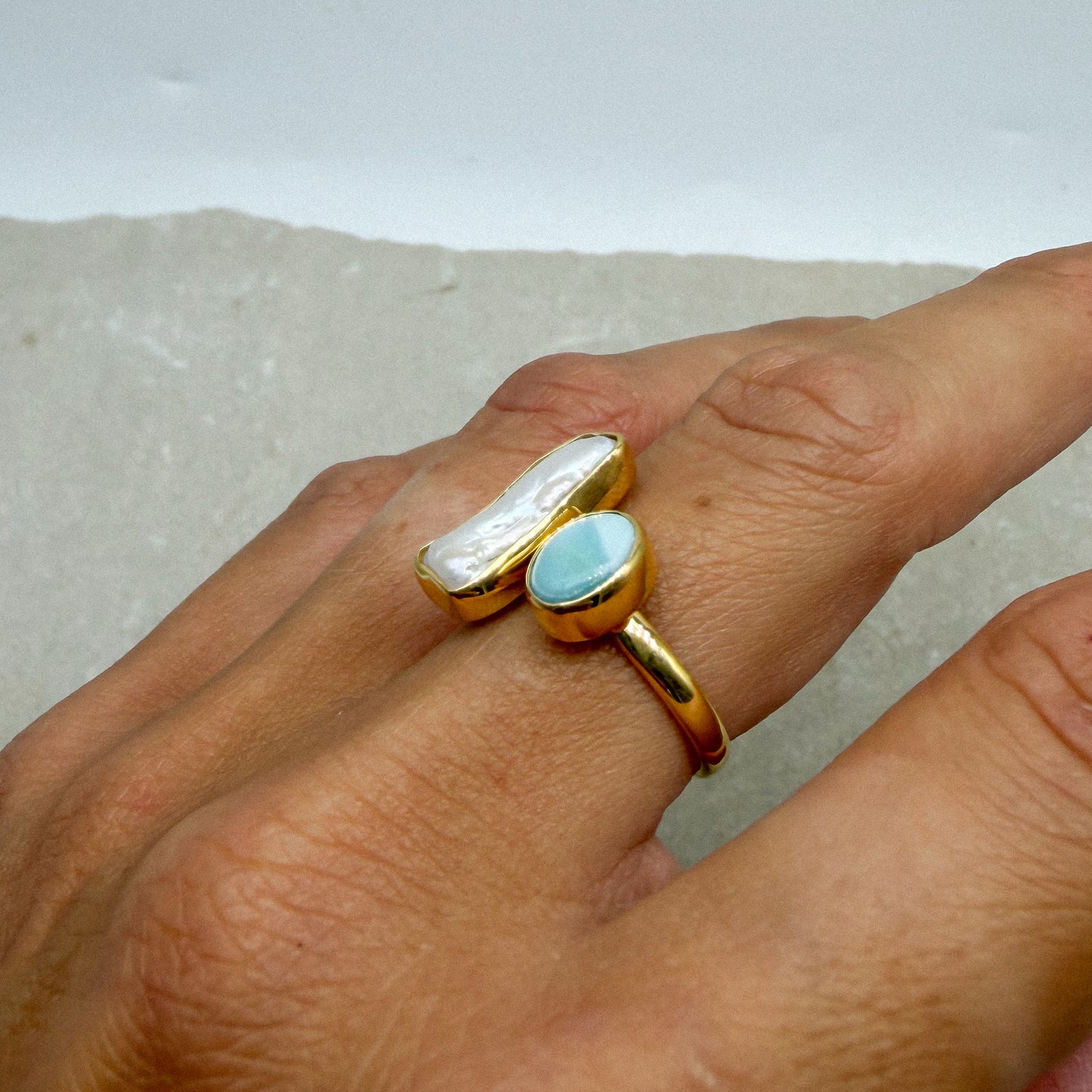Athena Ring - Pearl + Larimar