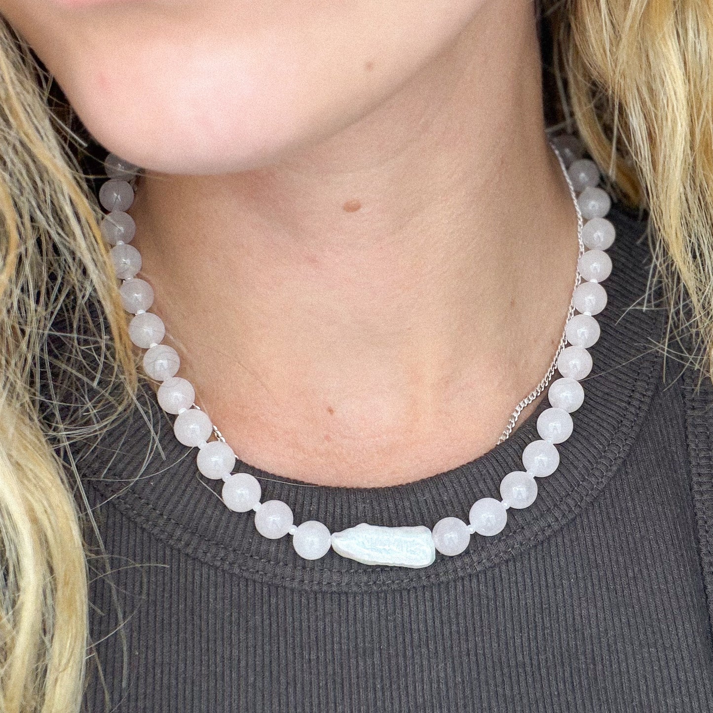 Lovers lane necklace - Rose Quartz + Fresh Water Pearl