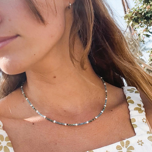 Blue lagoon beaded necklace.
